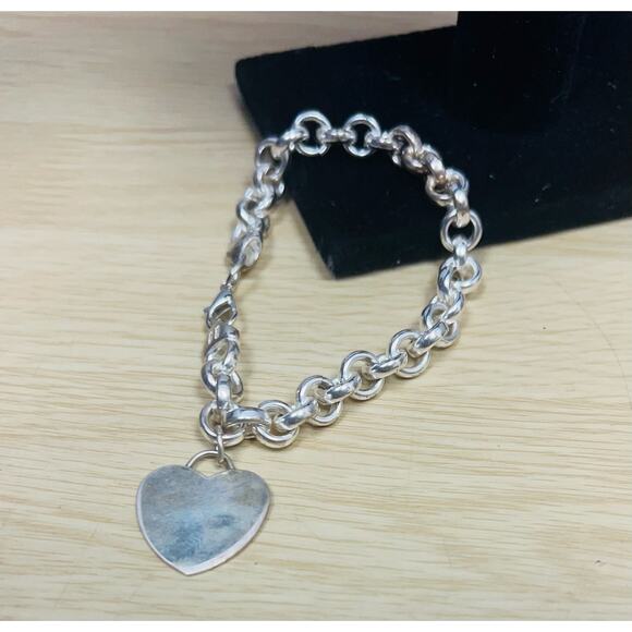Vintage Sterling Silver 925 MO Stamped Cable Link Large Heart Charm Bracelet - Picture 1 of 4